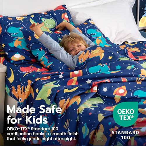3-Piece Twin Sheet Set - Soft Microfiber Space Dinosaur Bedding for Kids