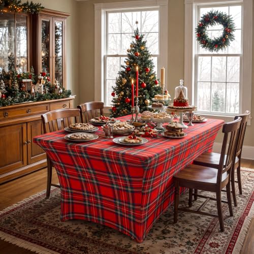 Frienda Red Plaid Christmas Tablecloth 6ft Tartan Stretch Holiday Cover - Dark Red Variation
