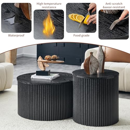 Round Nesting Coffee Table Set of 2 with Storage, Modern Fluted Wood Tables