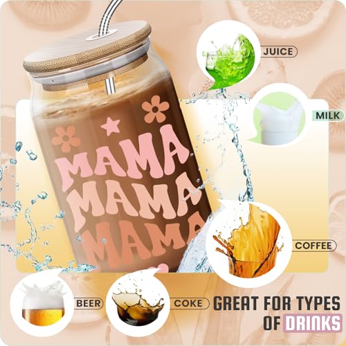 Nurforta C - MAMA 16 Oz Glass Coffee Mug with Leak-Proof Bamboo Lid - Mother's Day Gift