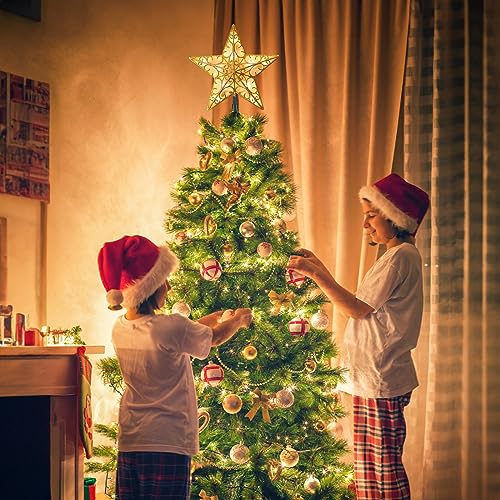 Lighted Christmas Star Tree Topper - 9.5" Gold Glitter 3D Metal Star