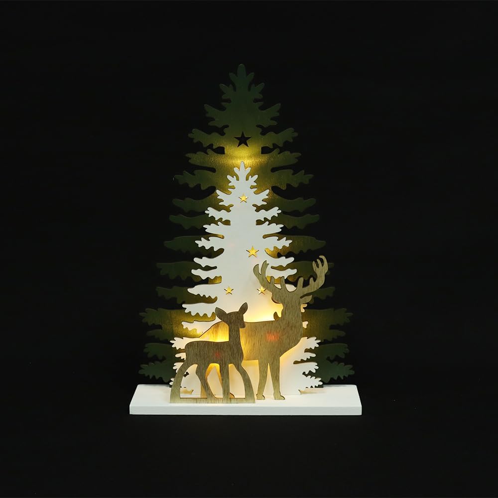 Supergorea Lighted Christmas Tabletop Decorations - Wooden Tree & Deer Decor | LED Battery-Powered, 12.7 Inch