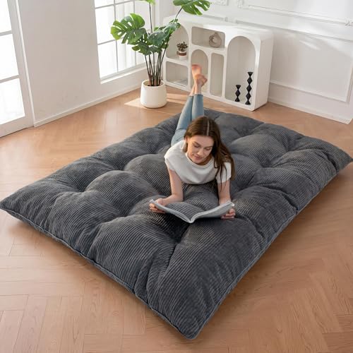 MAXYOYO Queen Dark Grey Japanese Foldable Floor Mattress - Thick Tatami Sleeping Pad, Portable Futon Couch for Camping & Guest Room