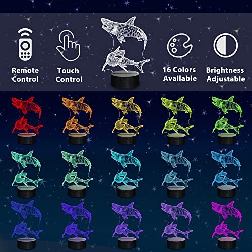 3D Shark Night Light for Kids, 16-Color LED Illusion Lamp with Remote