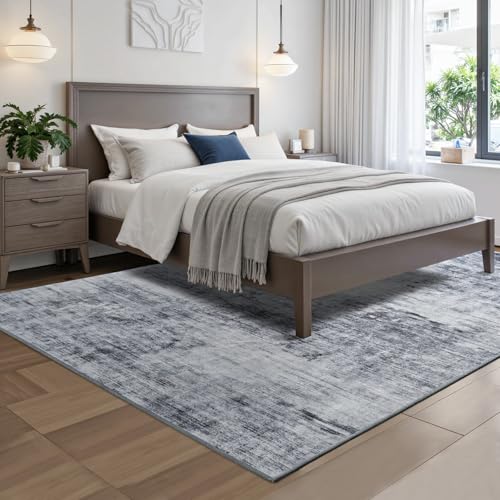 4x6 Washable Non-Slip Area Rug - Grey Abstract Low Pile Indoor Carpet