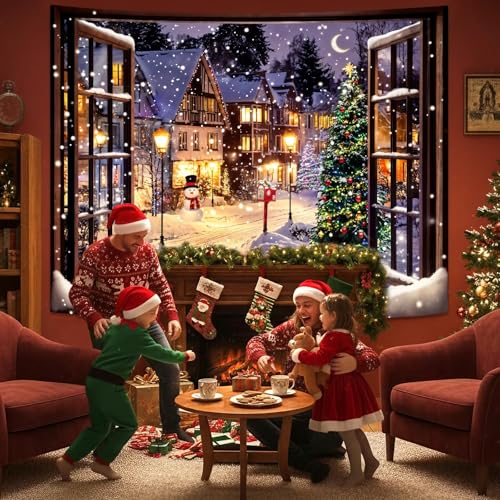 Art Deco Christmas Landscape Tapestry Wall Hanging - Snowmen Scene, 80x60 Inches