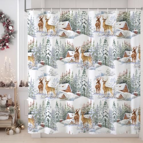 Baccessor Winter Christmas Deer Shower Curtain 72x72 Inches - Holiday Bathroom Decor