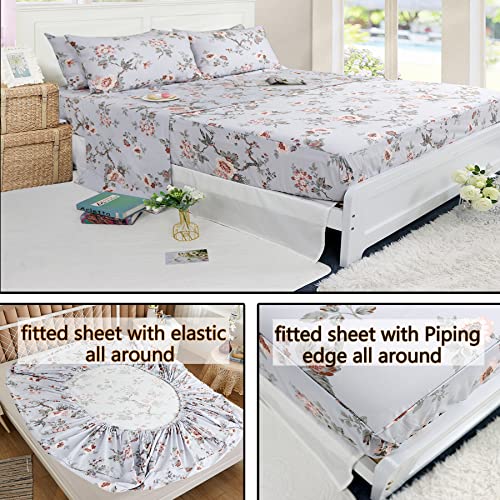 100% Cotton Twin XL Sheet Set - Vintage Floral & Bird Print (4-Piece)