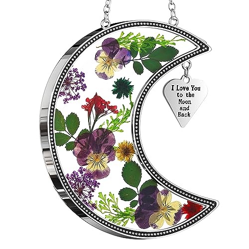 Moon Suncatcher with Real Pressed Flowers and I Love You Charm