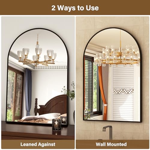 24x36 Arched Wall Mirror - Black Metal Frame Vanity Mirror for Bathroom