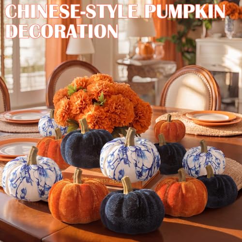 12-Piece Velvet Fabric Pumpkin Set for Fall Thanksgiving Table Decor
