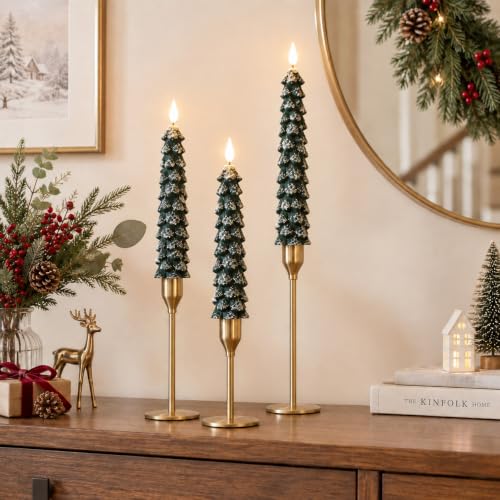 Green Christmas Flameless Tree Candles with Snowflakes - Remote, 4 Pack