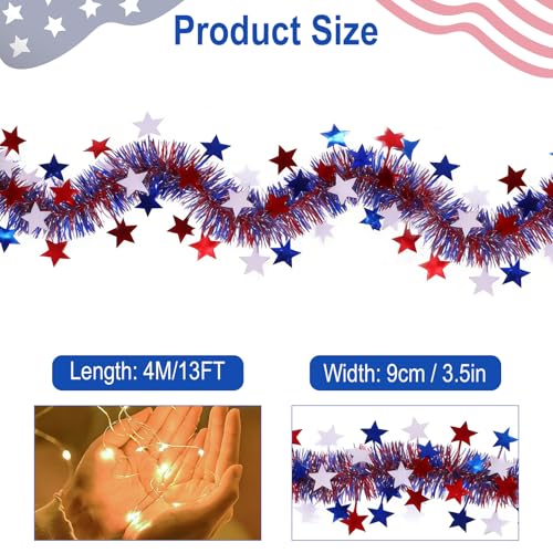 13ft 4th of July Lighted Tinsel Garland - Red White Blue Patriotic Party Decor