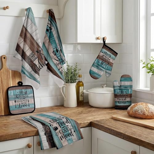 8-Piece Teal Rustic Kitchen Decor Set with Towels, Oven Mitts & Pot Holders