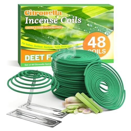 Citronella Incense Coils 48-Pack with 2 Holders for Outdoor Patio & Camping