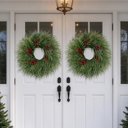26IN Norfolk Pine Christmas Wreath with Red Berries for Front Door Decor