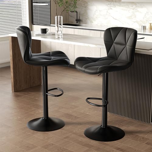 Adjustable Faux Leather Swivel Bar Stools with Back, Set of 2 - Black