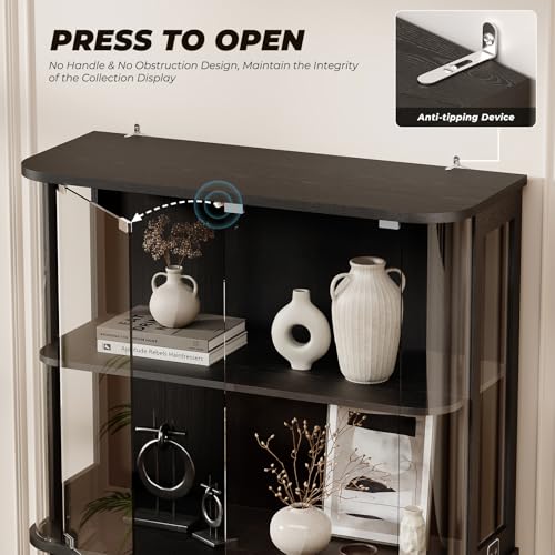 Large 4-Tier Glass Display Cabinet with 3-Color LED Lights and Motion Sensor