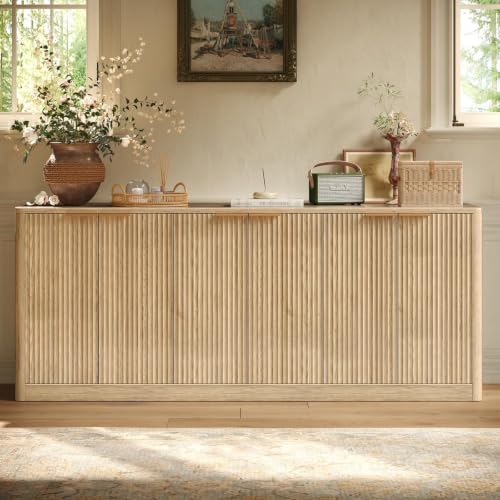 67-Inch Fluted Oak Buffet Cabinet - 6-Door Wood Sideboard Credenza