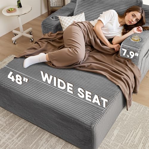Oversized Corduroy Chaise Lounge Chair with Cup Holders and Deep Seat