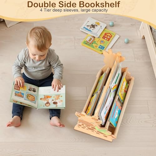 Double-Sided Toddler Bookshelf - 4-Tier Montessori Wooden Book Rack