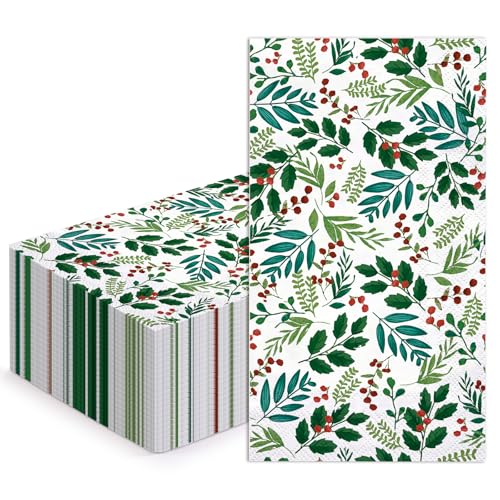 WRAPAHOLIC 50Pcs Christmas Paper Napkins, Holly & Red Berry 3-Ply