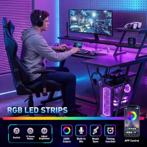 40-Inch L-Shaped Gaming Desk with LED Lights, Power Outlets & Storage