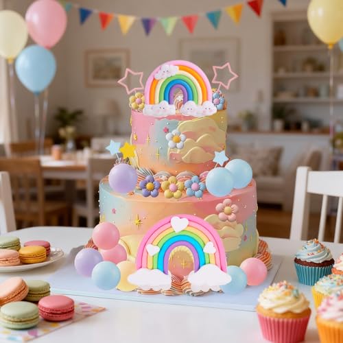 39-Piece Rainbow Cake Topper Set with Pastel Balls and Daisy Flowers