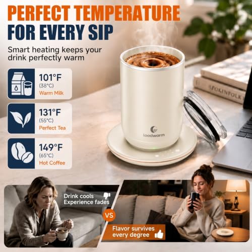 Loadwarm White Self-Heated Stirring Coffee Mug 10oz with Warmer - Auto Mixing & Temperature Control