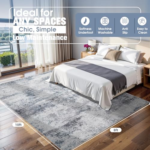 8x10 Washable Area Rug - Modern Abstract Non-Slip Low Pile (Blue Grey)