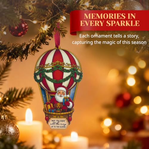 BlinkWishes Santa Hot Air Balloon Ornament for Christmas Tree – Wood & Acrylic 3D Travel Santa