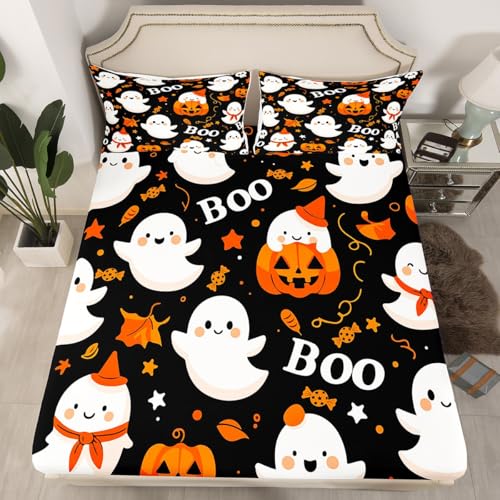 Kids Halloween Fitted Sheet Set - Cartoon Pumpkin Lantern Ghost Twin 075 Multi