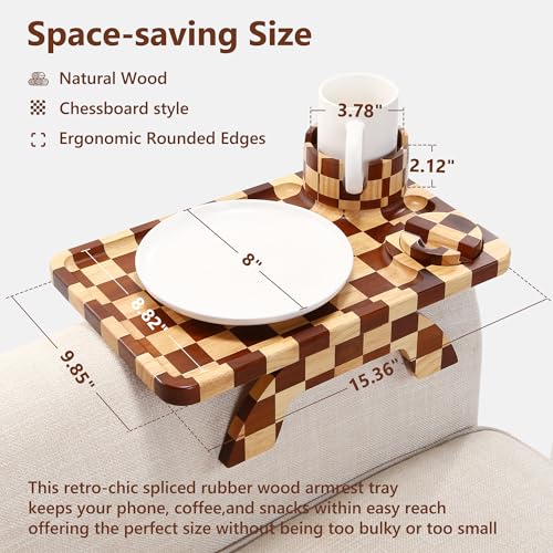 Checkered Rubber Wood Sofa Armrest Tray with Rotating Cup Holder & Phone Stand