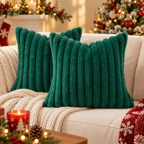 DecorUhome Faux Fur Throw Pillow Covers 26x26 in Green, Set of 2 - Christmas