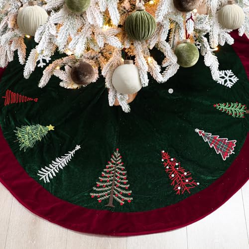 Soulchen 48 Inch Green Velvet Christmas Tree Skirt with Burgundy Trim