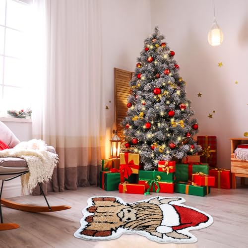 Christmas Highland Cow Rug 35x35 Inch Non Slip Bathroom Mat - Festive Decor