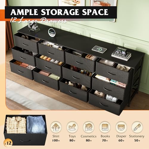 12-Drawer Long TV Stand Dresser for 85 Inch TVs, Black Storage Console