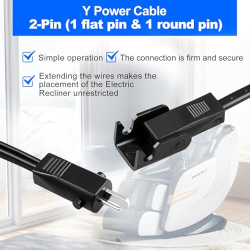 6.6ft Recliner Power Cord Extension 2 Pin Cable for Electric Lift Chair