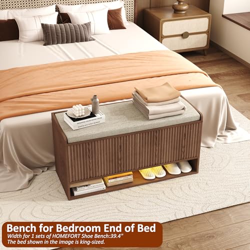 39-inch Fluted Shoe Storage Bench with Linen Seat, LED Light & Adjustable Shelf