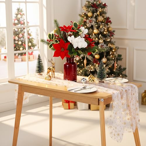 White and Gold Snowflake Gauze Table Runner 120" – Windkream, 3 Pcs Seasonal Decor