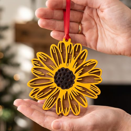 Wooden Sunflower Christmas Ornament - 4 Inch Festive Floral Decor