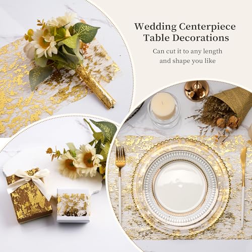 Gold Foil Table Runner 2 Pack, 11x106 Inch Glitter Metallic Mesh for Wedding Birthday Christmas - Mabbcoo