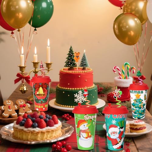 AFZMON 24 Sets Christmas Party Cups with Lids and Silly Straws - Bulk 16oz
