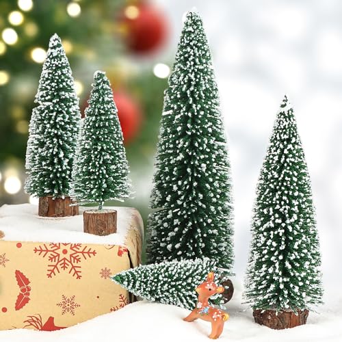 AerWo 5Pcs Mini Flocked Bottle Brush Christmas Trees with Wooden Bases