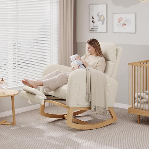 GarveeHome White Nursery Glider Chair with Footrest & Teddy Cover — Ergonomic Rocking Chair for Nursing & Relaxing