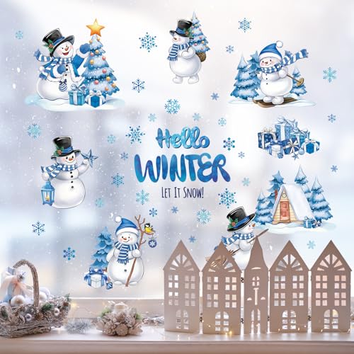 Christmas Snowman Wall Decals Set – Blue & White Hello Winter Window Clings, Removable Snowflake Decor