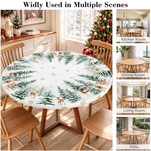 Miffrank Christmas Round Fitted Tablecloth 40-44in with Elastic Edge – Waterproof Snow Reindeer Xmas Tree Pattern