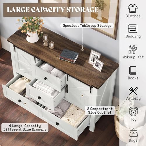 2-Piece Farmhouse Dresser Set with Sliding Barn Doors, Distressed White