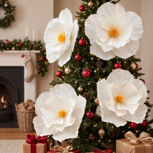 Riceshoot 4 Pcs 24in White Giant Christmas Paper Flowers - Xmas Wall Decor