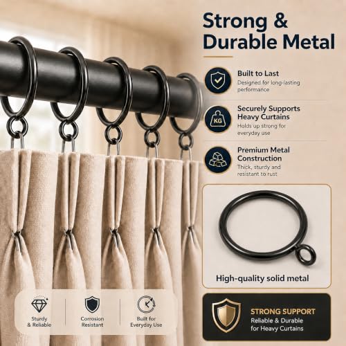 60-Pack Black Curtain Rings with Eyelets, 1.5-Inch Metal Drapery Rings